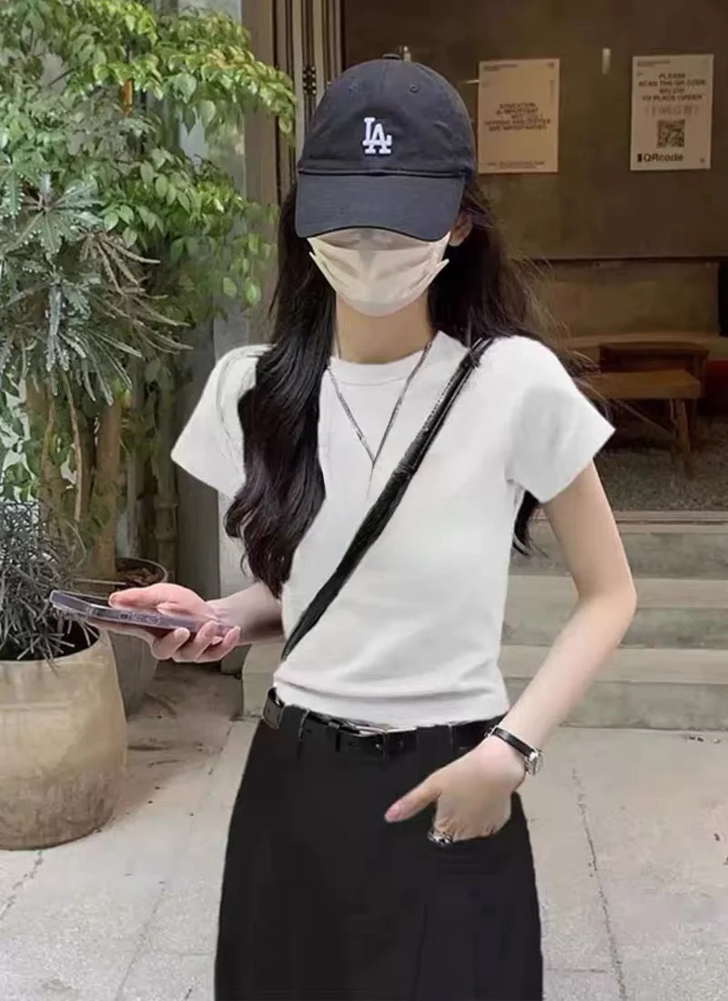 

Slim Fit Purple ort Sve T-irt Women's Summer Top Matching Workwear Pants Commute Sle round Ne Cotton Blend Tee