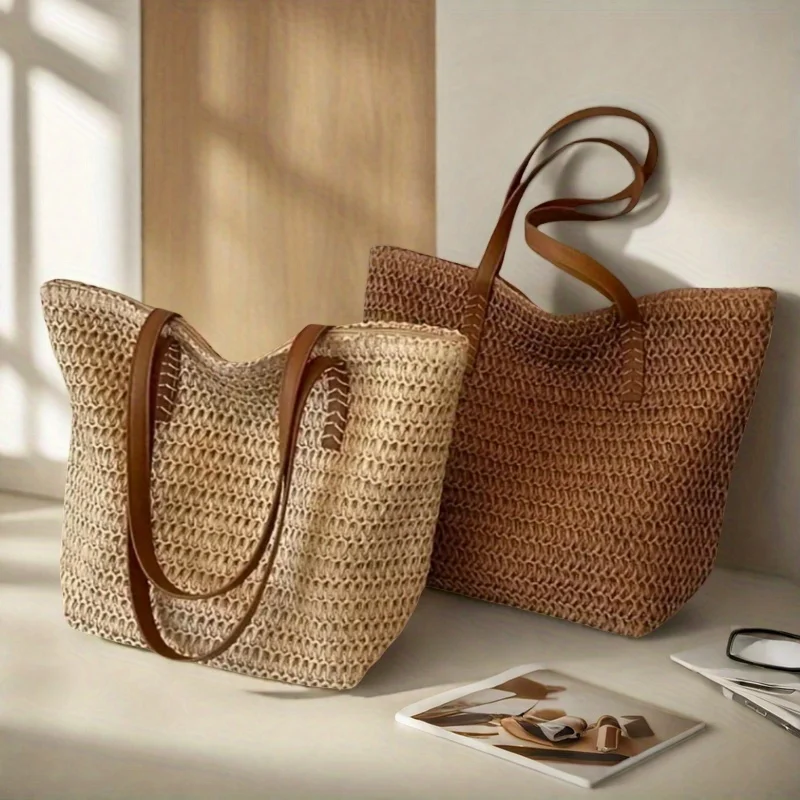 Modische und vielseitige gewebte Damentasche mit Reißverschluss für Reisen, Strandtasche mit großem Fassungsvermögen, Handtasche – Detail 4