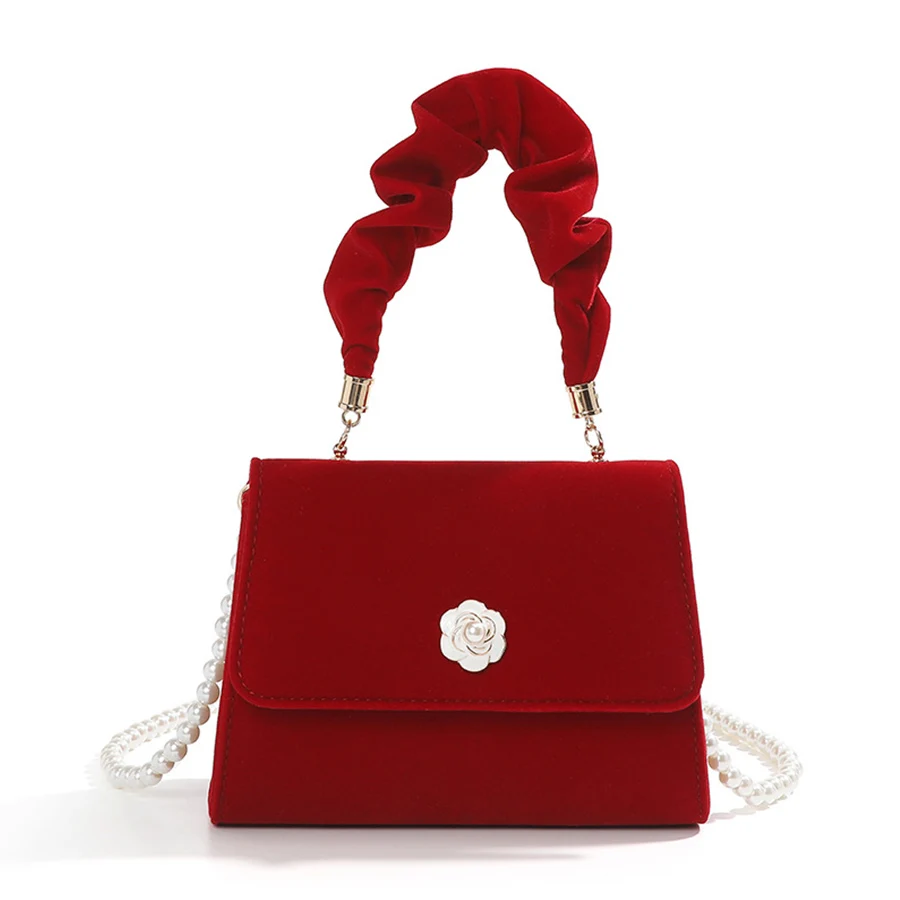 Velvet Red Totes Bag Wedding Party Dinner Bags Pleated Hand Pearl Chains Underarm Bag Red Bride Crossbody bag for Women Handbags