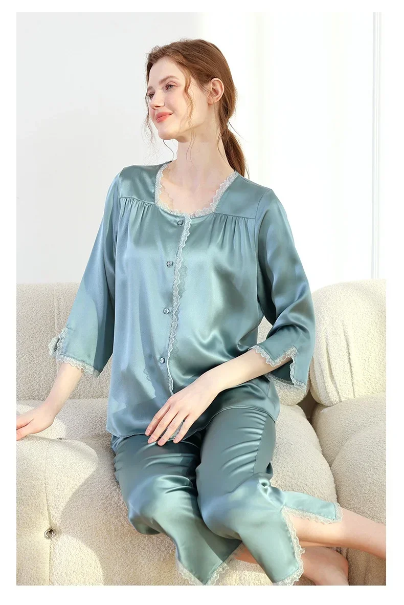 

Женский пижамный комплект из 100% тутового шелка 19 мм, пижамная одежда с кружевной отделкой, кардиган на пуговицах, пижамный костюм, повседневная одежда для дома, ночная рубашка