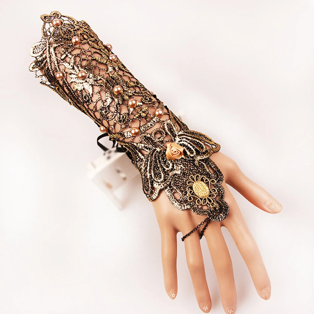 

2pcs Pearl Embellished Gloves Chain Elegant Lace Fingerless Dainty Bracelets Women Steampunk Renaissance Costume Lace Sleeve