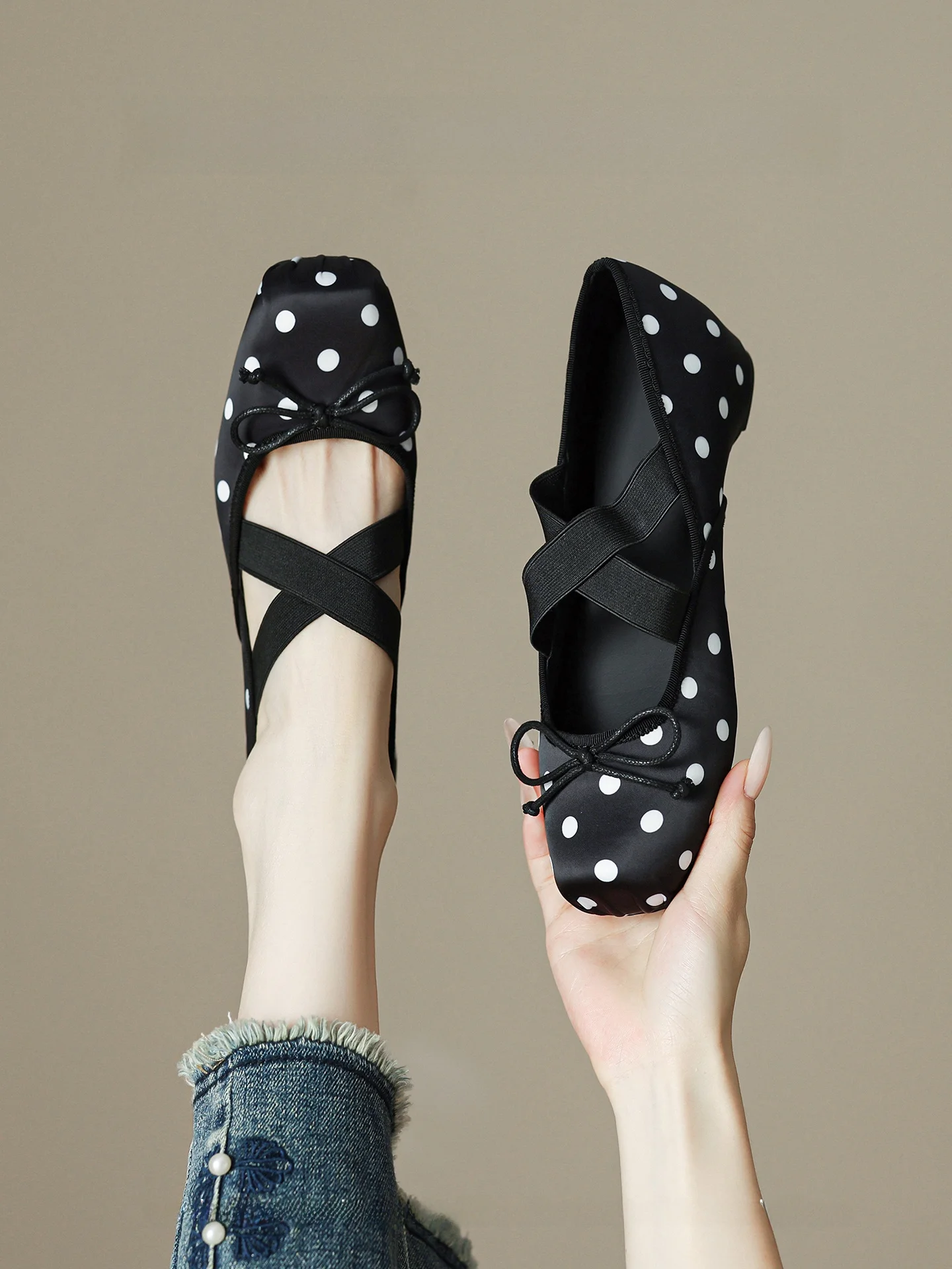 ballet-flat-shoes-women's-summer-new-style-polka-dot-slip-on-mary-janes-high-heel-inner-increase-3cm-korean-style-fashion-sin
