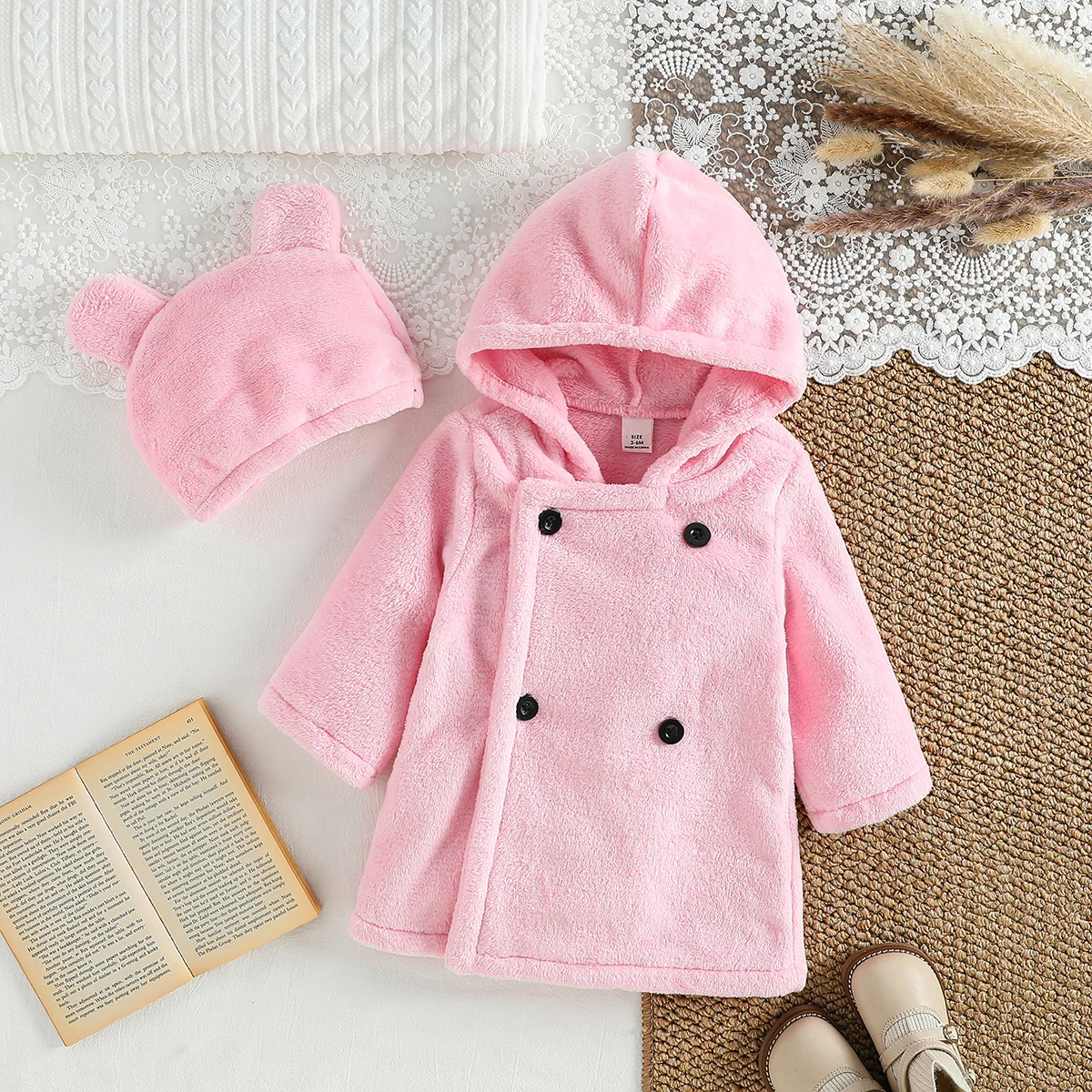 2Pcs 2025 Autumn /Winter  Fleece coat hooded Korean loose and warm Baby Girls Pink With Button Overcoat For 1-3Y +Hat