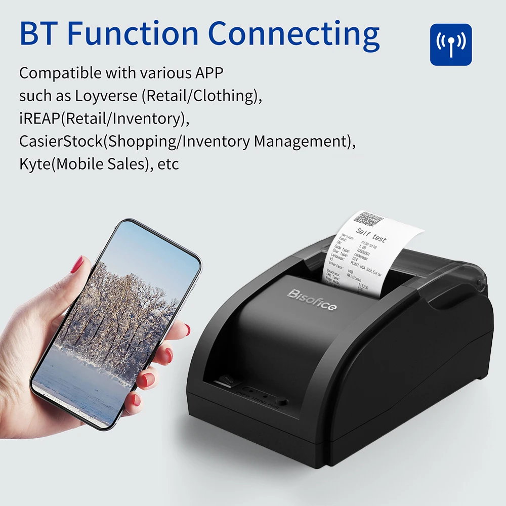 58mm Desktop Thermal Receipt Printer Wireless Barcode Printer USB BT Printer with 1 Roll Paper Inside Support ESC Command