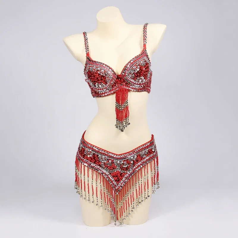 Soutien-gorge perlé à sequins et ceinture pour femme, costume de performance de danse, diamant aquatique, style financier, 2 pièces