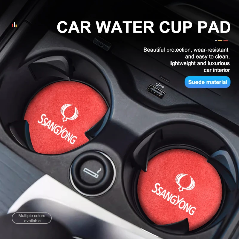 2pcs Suede Car Coaster Water Cup Drink Holder Mat Anti-Slip Pad For SsangYong Sport Korando Rexton Musso Chairman Turismo Nomad