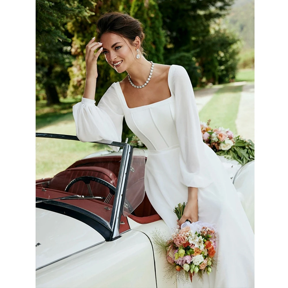 Chiffon Wedding Dress Square Collar Wedding Dresses Backless A-LINE Simple Wedding Dress with Sweep Train Customized