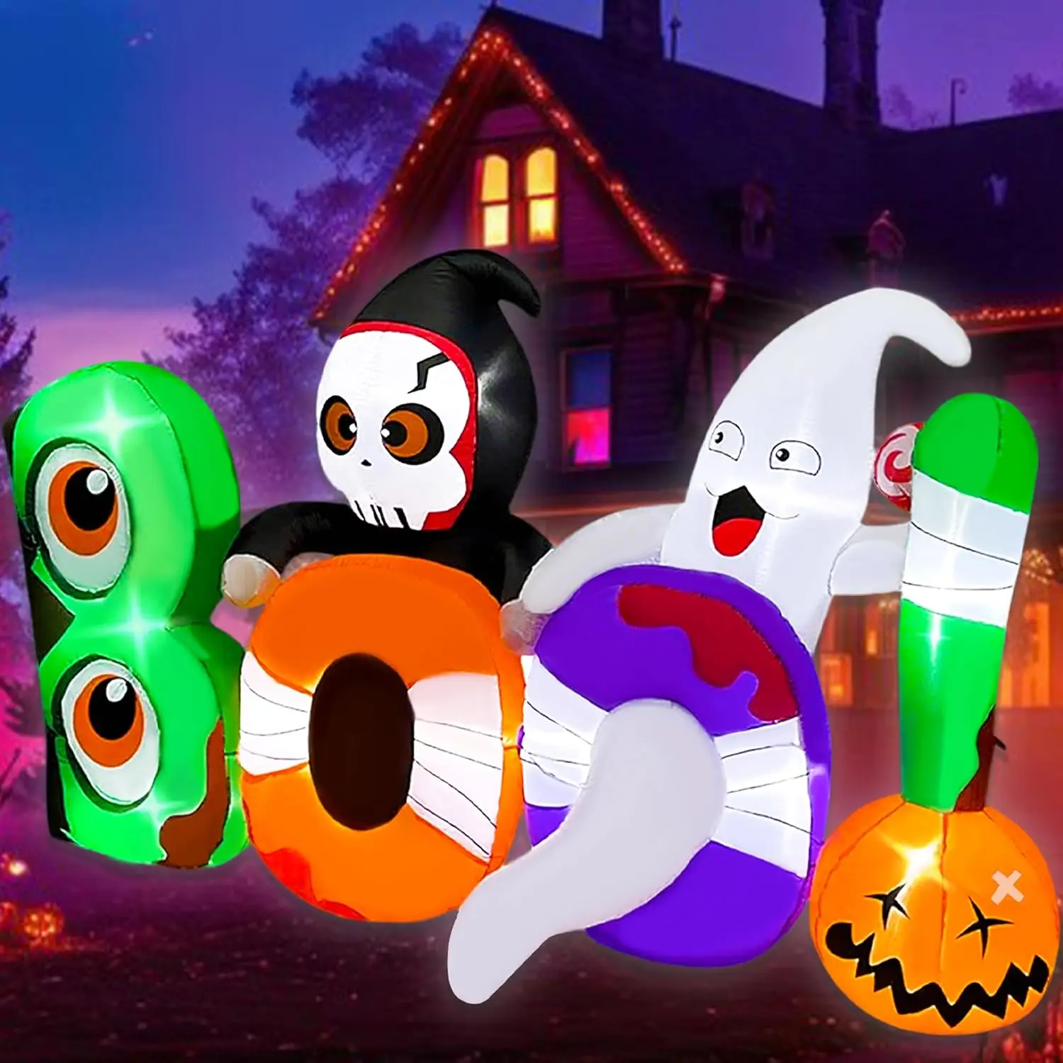 8FT Long Halloween Inflatable Boo with Skeleton Ghost Pumpkin | Built-in Lights Blow Up Yard Decor for Outdoor Lawn Garden Front
