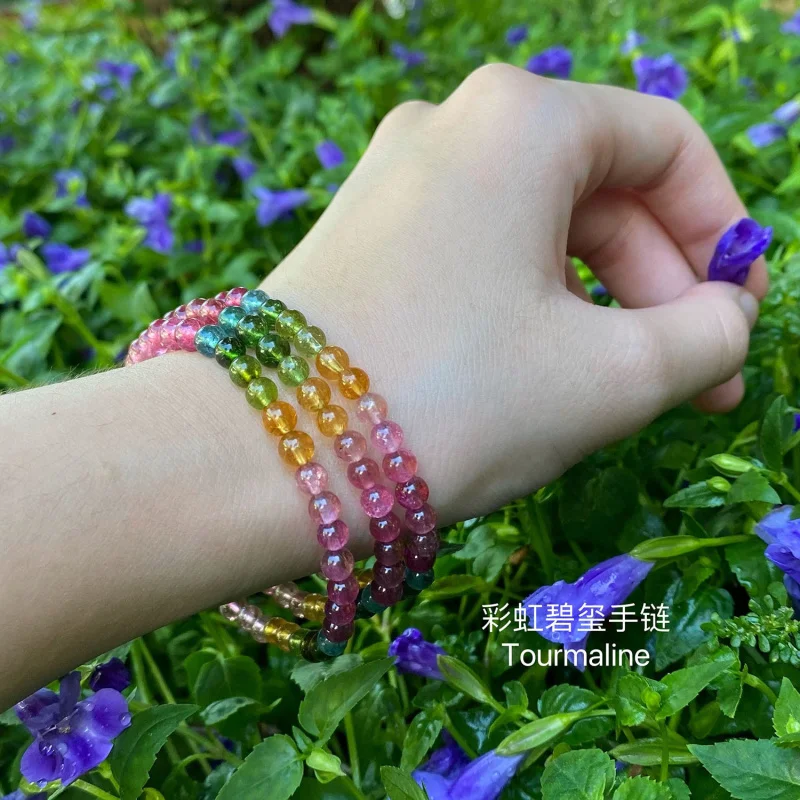 

Natural Brazilian Old Mine Rainbow for Women, Ice-Type Three-Layer Candy Tourmaline Bead Bracelet, Crystal J