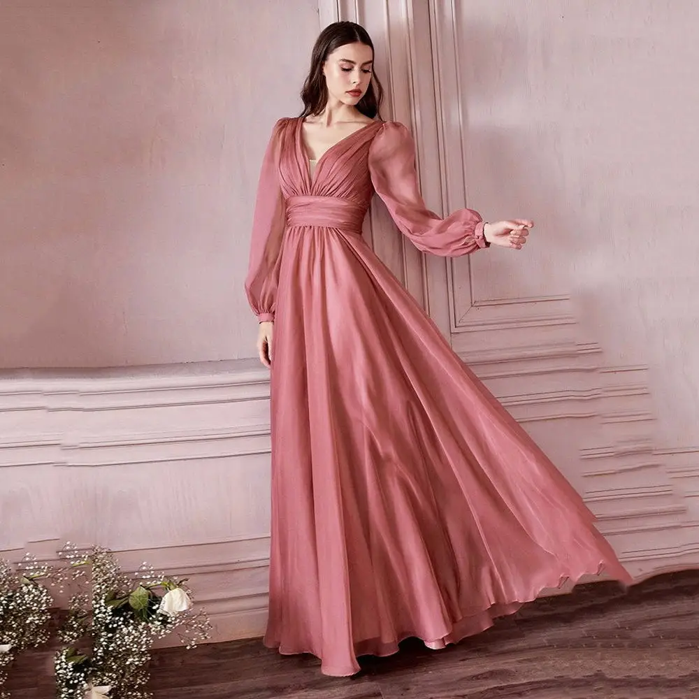 Exquisite Prom Gowns Deep V-Neck A-Line Full Sleeve Empire Pleat Draped Chiffon Evening Dress Long Party Dresses robes de soirée