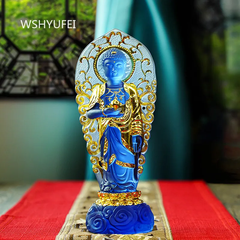 Glass Buddha Statue Ornament Religious Decorations Buddha Statue of Tathagata Gold Stroke Handicrafts Buddha Hall Decoration