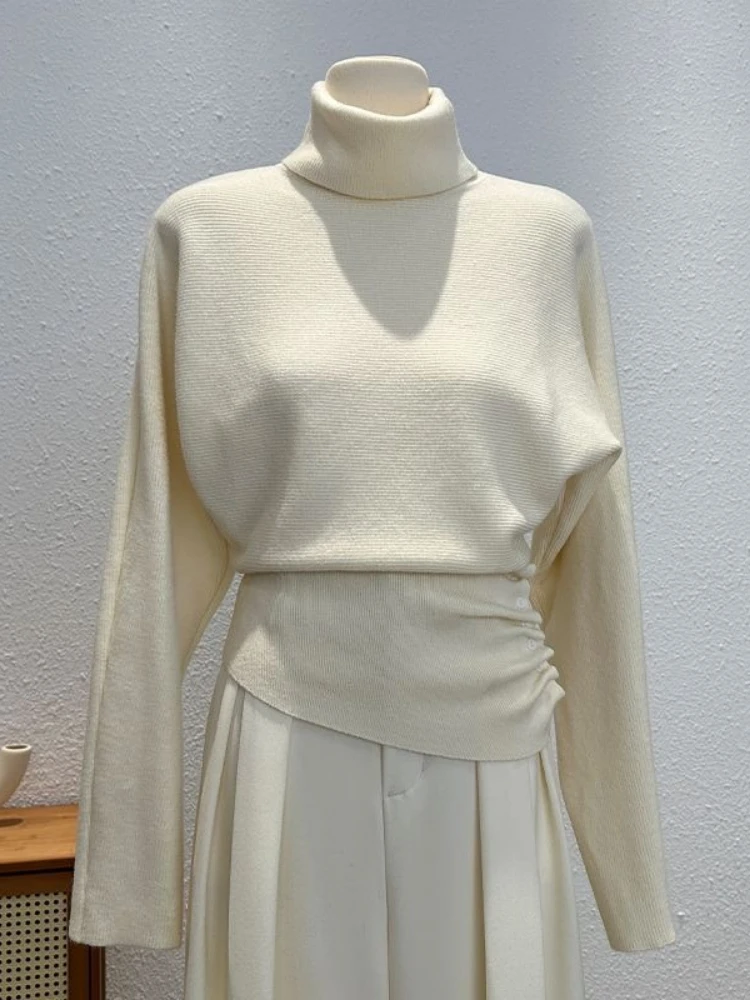 

Knitting Sweater Women Clothing Turtleneck All Match Jumper Sueter Mujer Temperament Pull Femme Vintage Pleated Button Pullovers