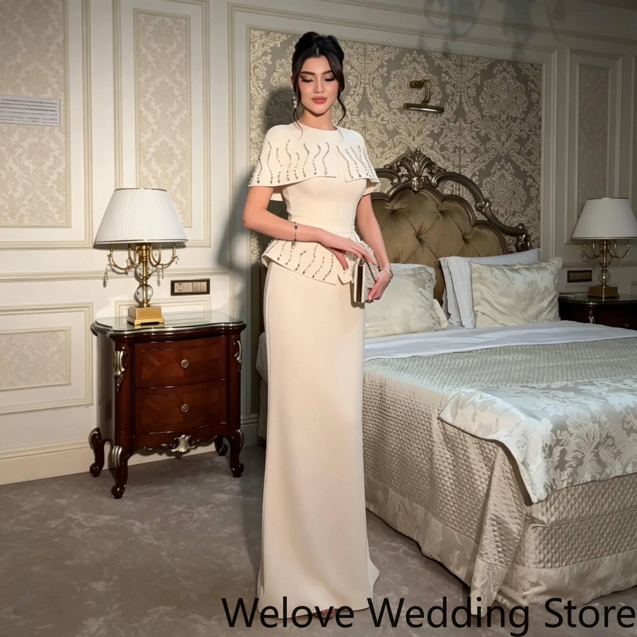Customized Elegant Women Cream Two Piece Long Mermaid Evening Dress, Matching Short Cape With Handmade Beaded Edge
