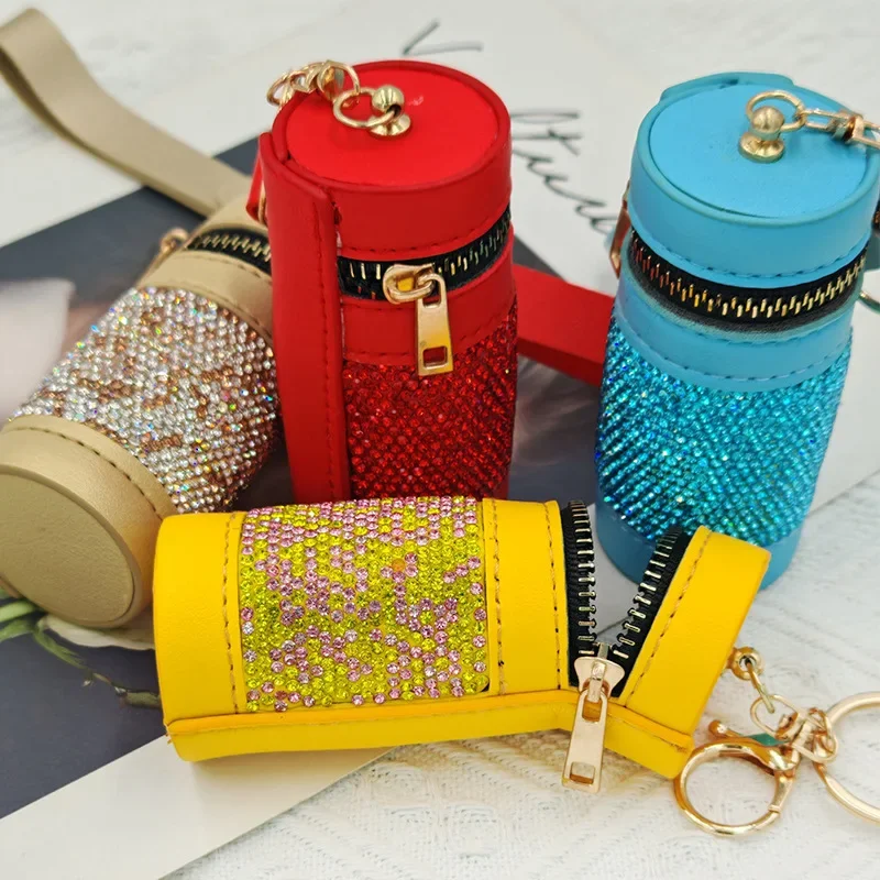 Luxury Rhinestone Lipstick Bags Mini Leather Bucket Bag Portable Storage Bag Bling Car Keychain Female Key Ring Storage Box Gift