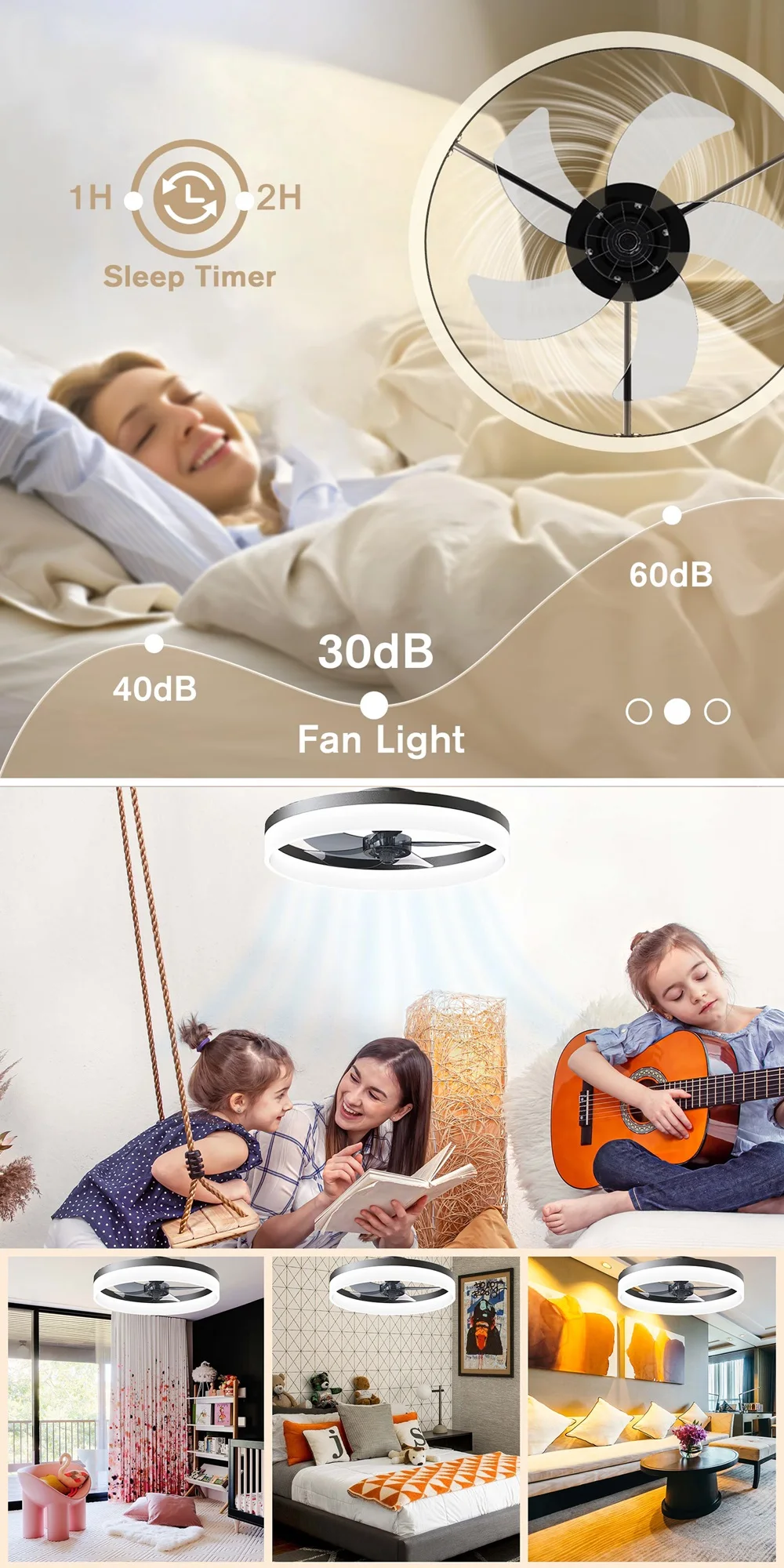 Jelena Deckenventilator mit Lampe, modernes Ringdesign, geräuscharmer LED-Dimmbarer Deckenventilator mit Fernbedienung, reversibler Motor für Schlafzimmer, Arbeitszimmer, Esszimmer, Dekoration – Detail 3