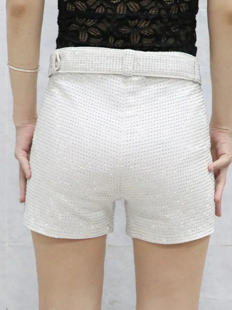 Strass Shorts Dames Wijde Pijpen Hoge Taille Sexy Nieuwe Mode Elastische Taille Diamant Casual Hotpants Vrouwelijke Riem