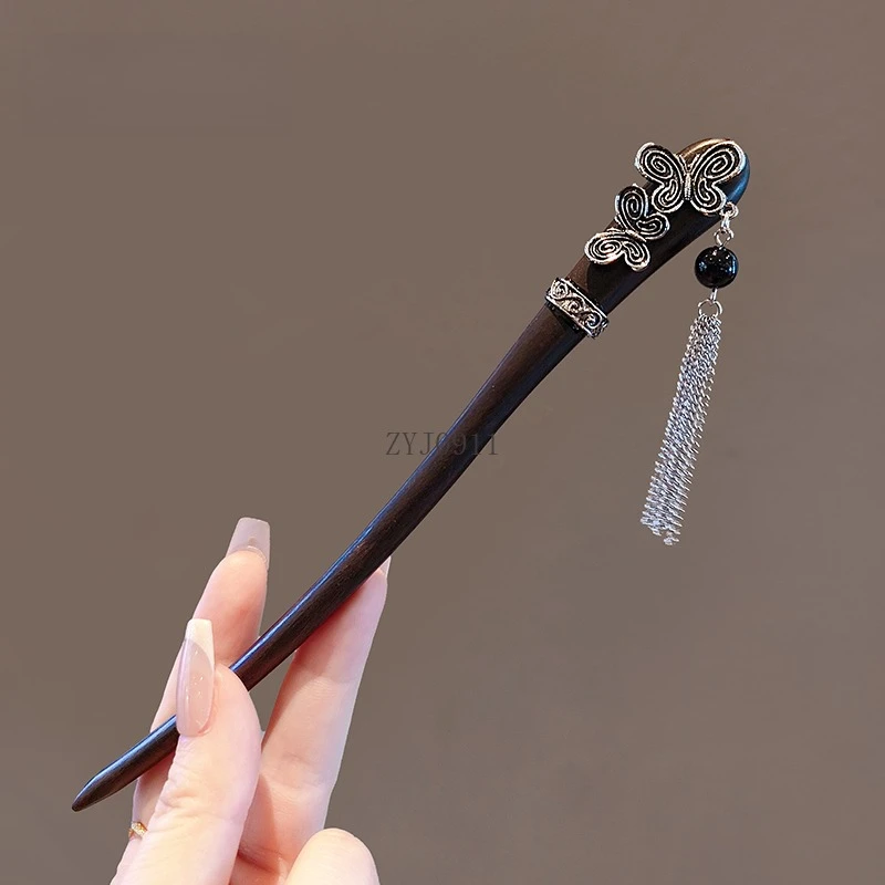 دبوس شعر على الطراز العرقي بتصميم عتيق من الفضة المقلدة على شكل فراشة مهدب على الطراز القديم دبوس شعر خشبي دبوس شعر جديد عالي الجودة