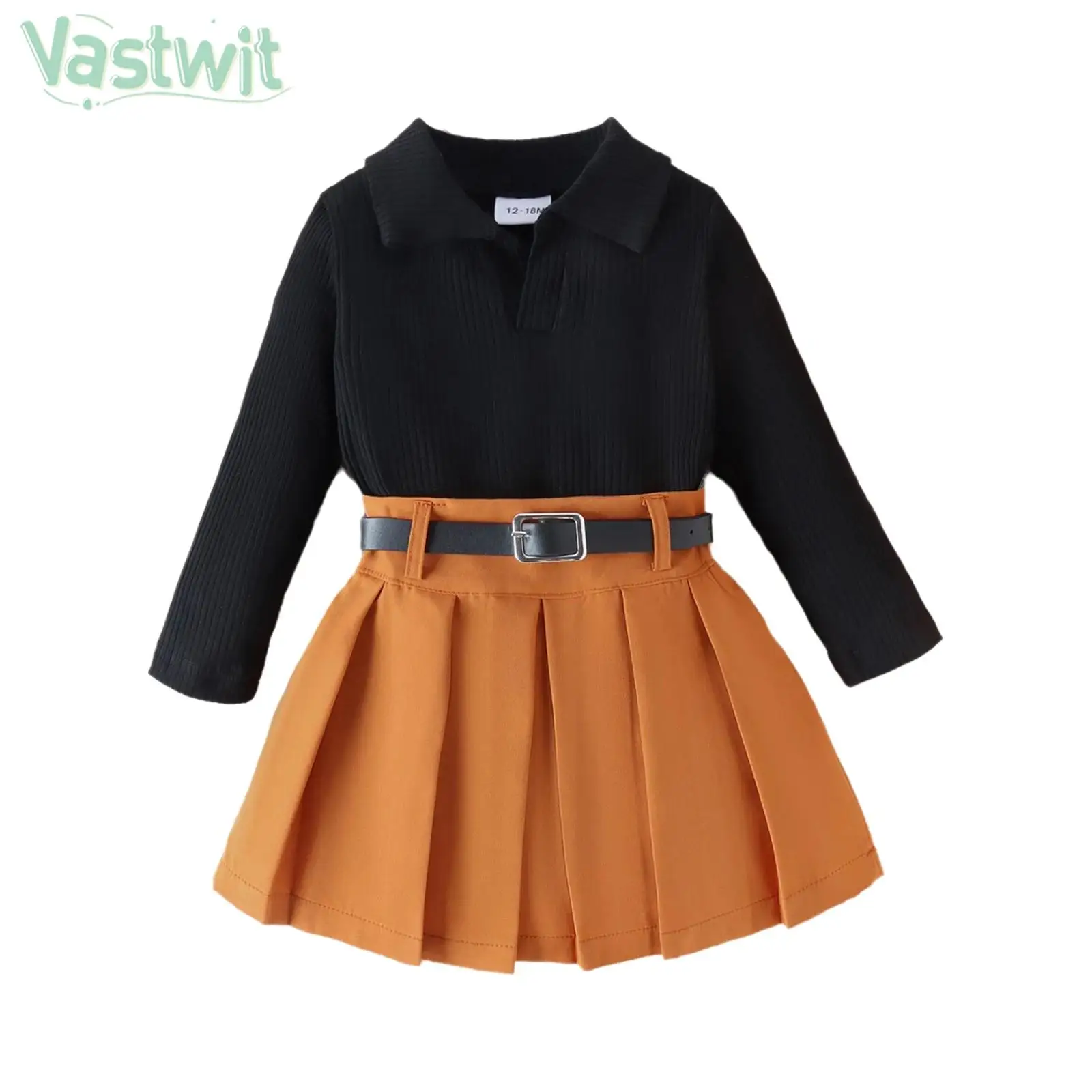 

Toddler Girl Fashion Casual Clothes Long Sleeve Ribbed Knit Tops with Pleated Skirt Belt Spring Autumn Daily School Party Outfit