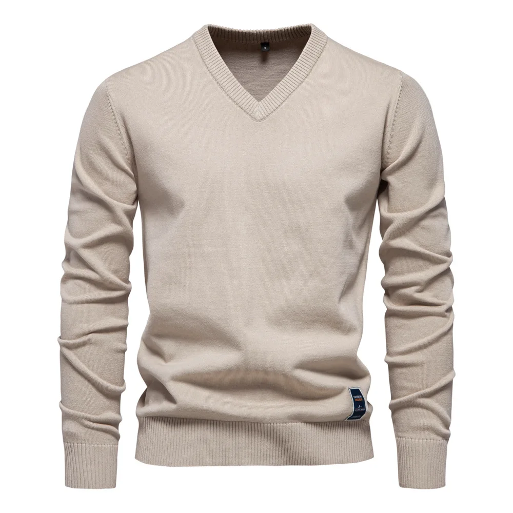 

Mens V-neck Solid Cotton Pullover Sweaters Long Sleeve Casual Social Knitted Sweaters for Men Clothing