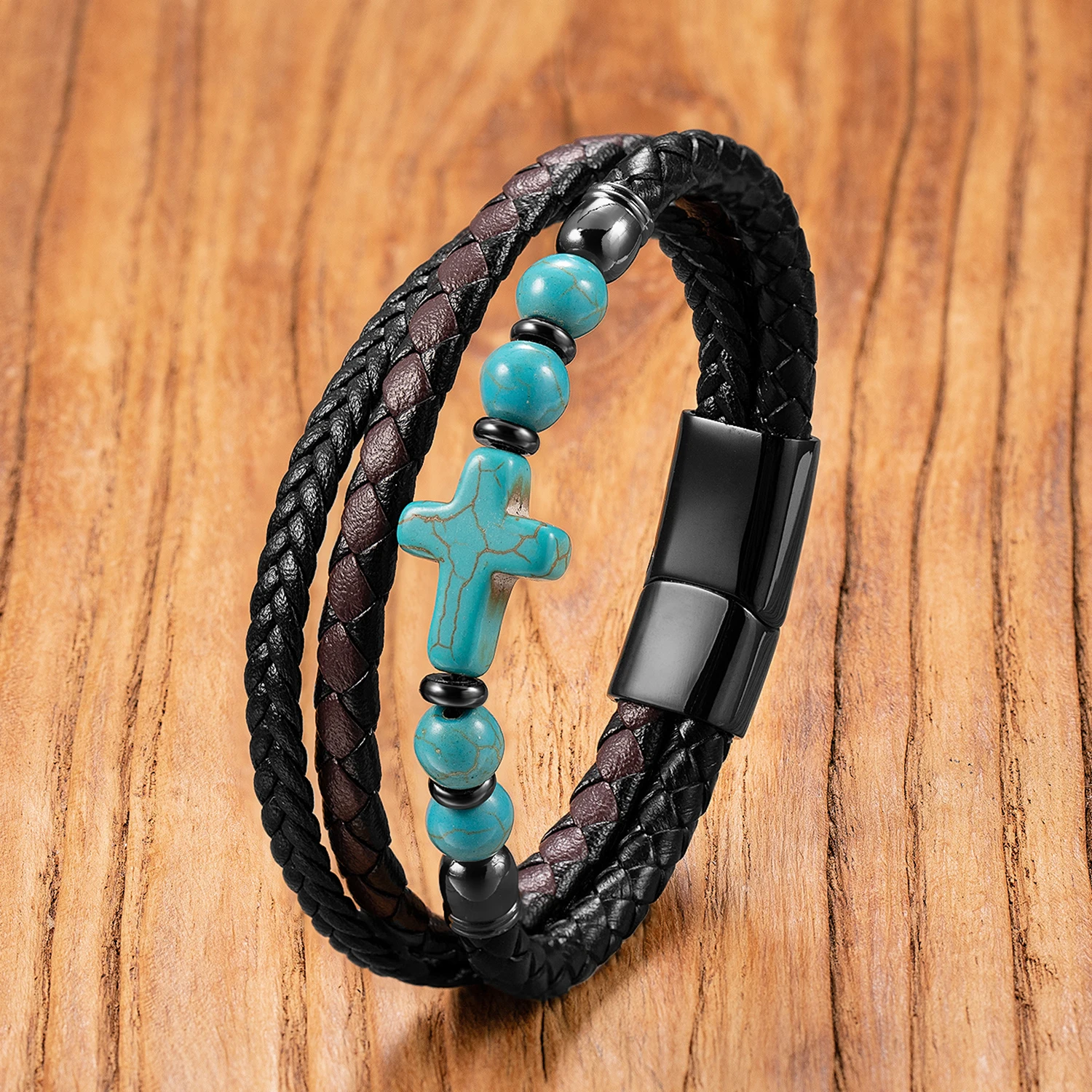 Retro Multilayer Weaving Leather Bracelets for Man High Quality Natural Stone Cross Beaded Bangles Men's Wristband Jewelry Gifts