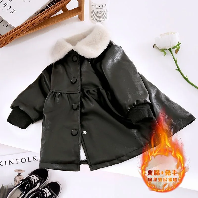 Keep Warm Autumn Winter Leather Jacket For Girls Christmas Little Princess Coat Children Outerwear 1-6 Year Toddler Girl Clothes