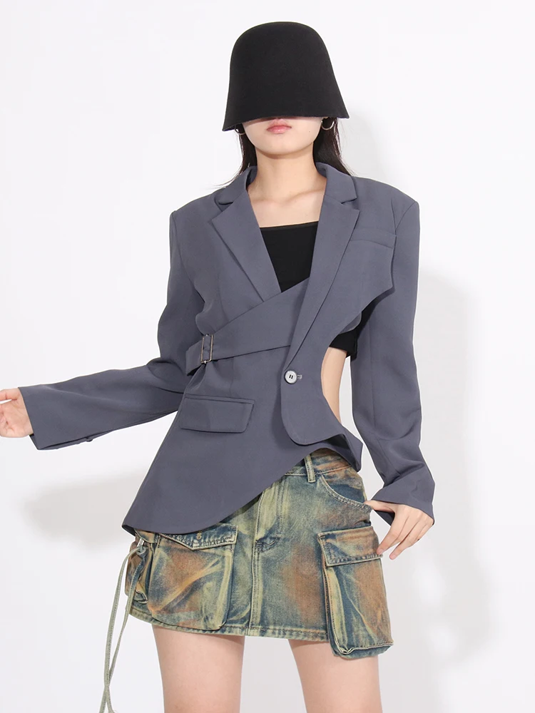 TWOTWINSTYLE Solid Hollow Out Asymmetrical Blazer For Women Notched Collar Long Sleeve Patchwork Pocket Chic Blazers Female New