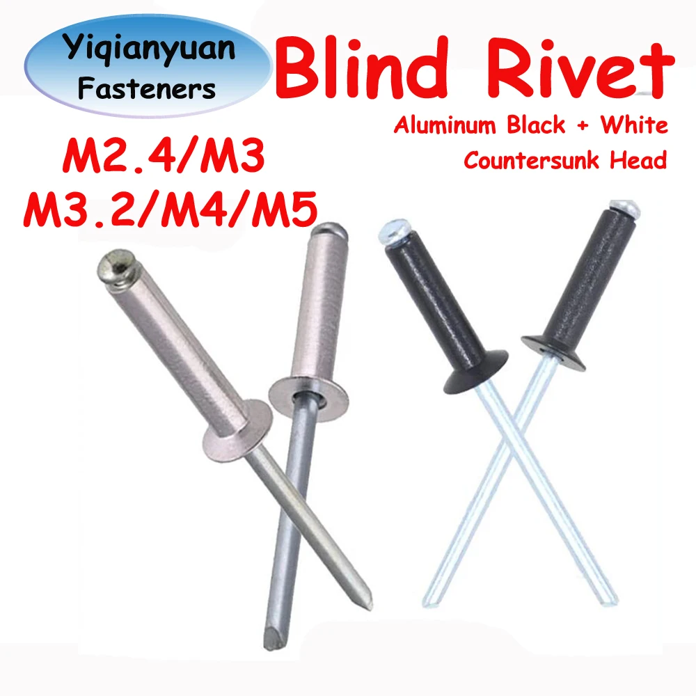 Yiqianyuan M2.4 M3 M3.2 M4 M5 Black/White Aluminum Countersunk Head Break Mandrel Blind Rivets Pull Nail Pop Open End Rivets