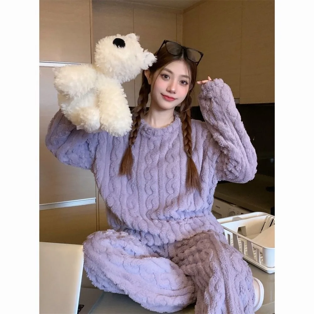 Autumn and Winter Women\'s Coral Fleece Warm Pajamas Homewear Suit Couple Padded and Thickened Homewear Loose Warm Homewear Suit