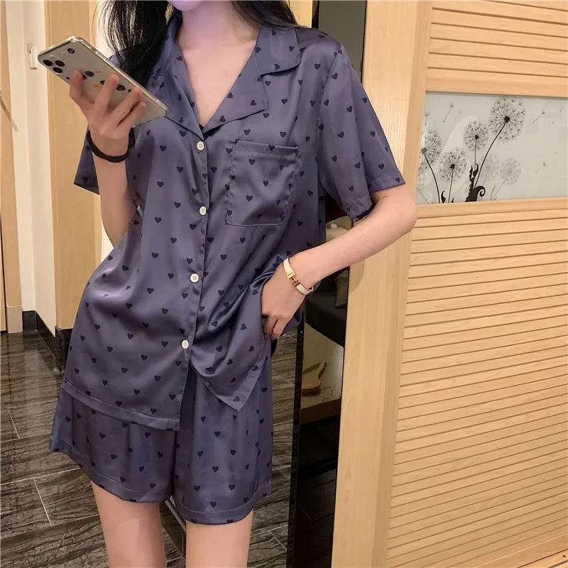 Ice Silk Pajamas for Women Short Sleeves Full Print Sweet Love Home Clothes Women's Pajamas Set Summer Nightwear Nightie