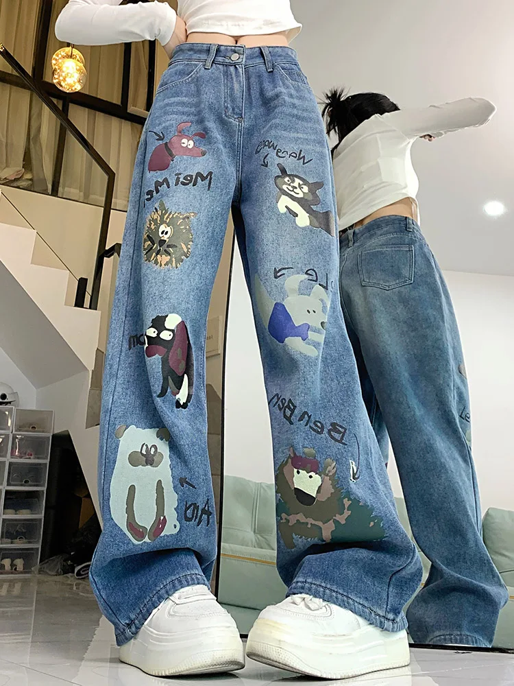 

Women High Waist Wide Leg Straight Jeans Animal Graffiti Baggy 90s Vintage Blue Pants Lady Punk Y2K Oversized Street Trousers