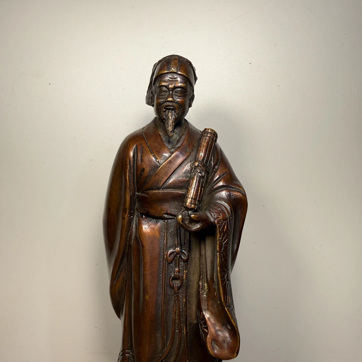 Folk Collection Old Bronze Gilded Cinnabar Mencius, the sage Get the scroll book statue Thinker educator Wenfang screen