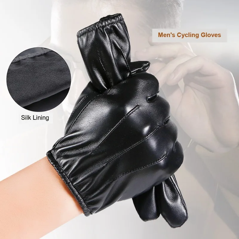 Men s Warm PU Gloves Autumn Winter Thick Fleece Lined Three Ribs Touch Screen Gloves for Driving Outdoor Cycling
