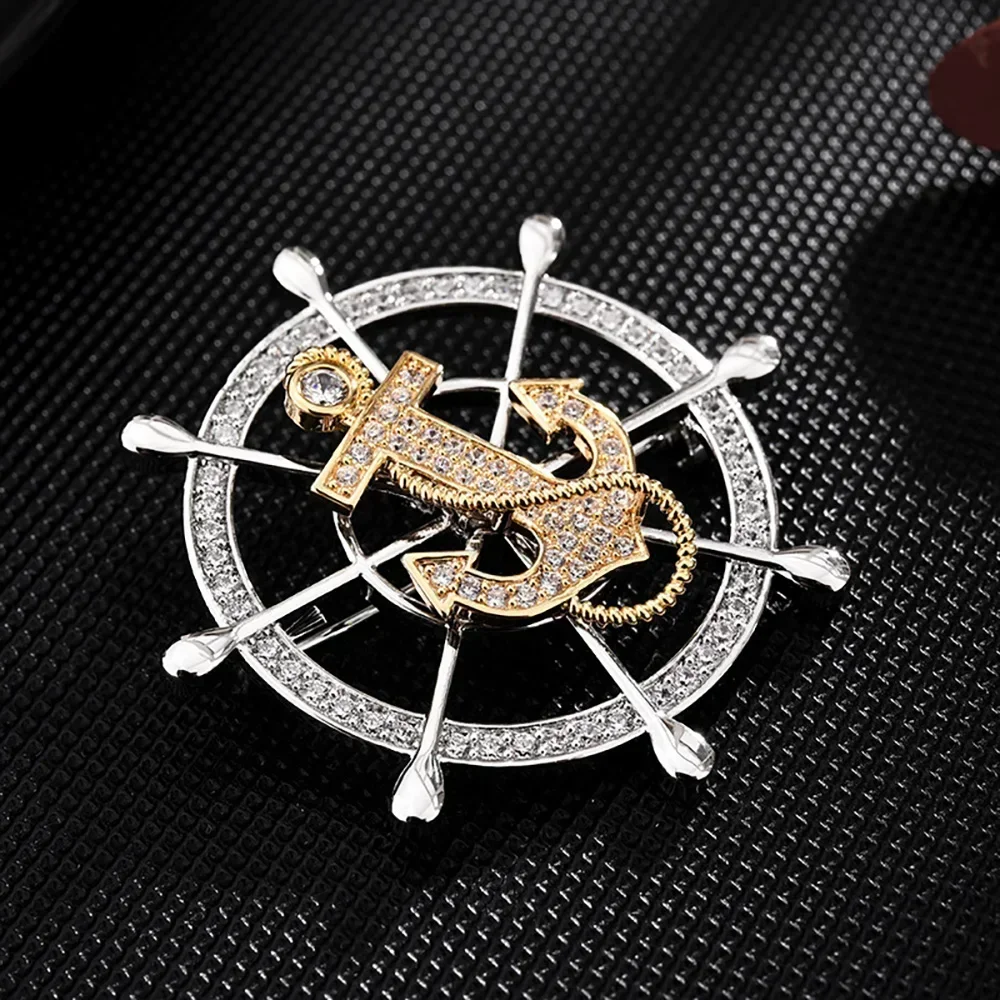 

Golden Ship's Anchor Rudder Brooches for Mens Women Crystal Brooch Suit Badge Lapel Pin for Men Women Chain Exquisite Gift