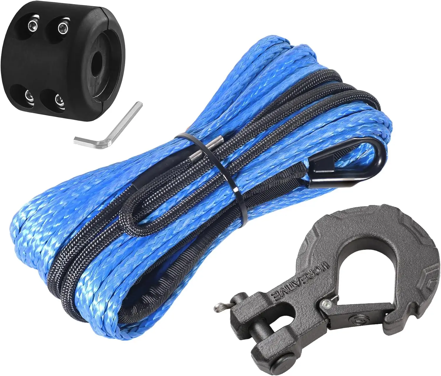 

Синтетический трос для лебедки 1/4 дюйма x 50 футов с усиленным крюком и стопором для квадроциклов и мотовездеходов, синий, грузоподъемность 10 000 фунтов