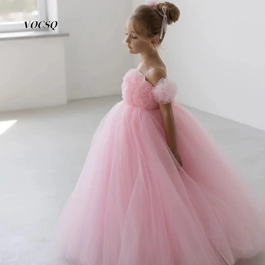 Flower Girl Dress Off Shoulder 3D Ruffle Tulle Ball Gown Kids Pink Princess Wedding Birthday Pageant Formal Dress Customized