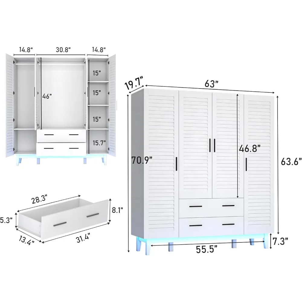 Multi-Tier Shelves, Hanging Rod & 4 Louver Doors, Large Capacity Storage Wardrobe Armoire for Bedroom, White