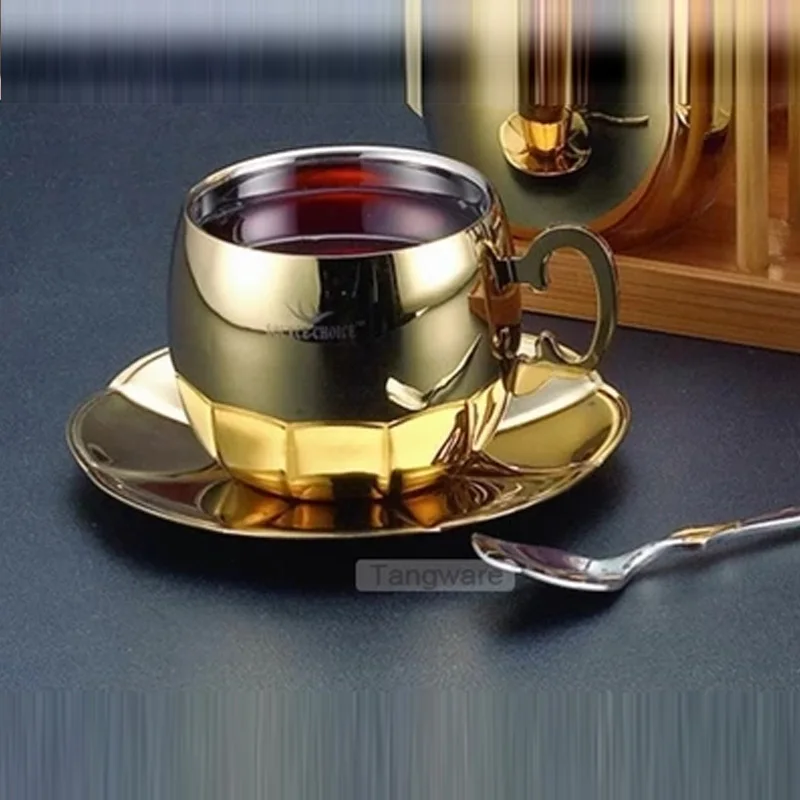 

Double Layer 304 Stainless Steel Coffee Cup and saucers Gold silver espresso cups Mug teacup design tazas de cafe home Drinking