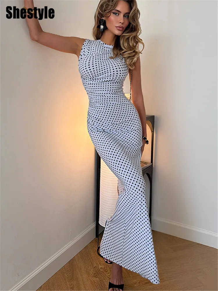 Robe crayon sans manches Shestyle à imprimé pois pour femme, élégante, avec col ras du cou, coupe ajustée, plis raffinés, chic, pour le fitness et les loisirs