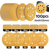 100Pcs 5inch 125mm 8 Hole Sanding Discs Sandpaper 60-320 Grits Gold Round Hook and Loop for Random Orbital Sander for Wood