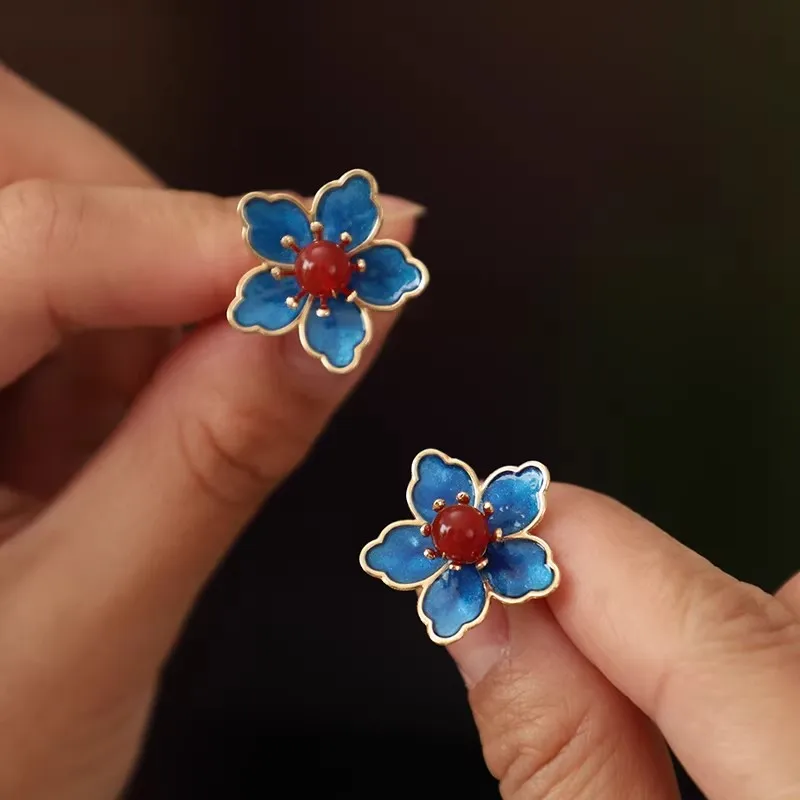 青い花の古代風漢服ヘアピン、絶妙な花柄ヘアアクセサリー、新しい中国風の焦げ茶色のヘアピン、小さなU字型H