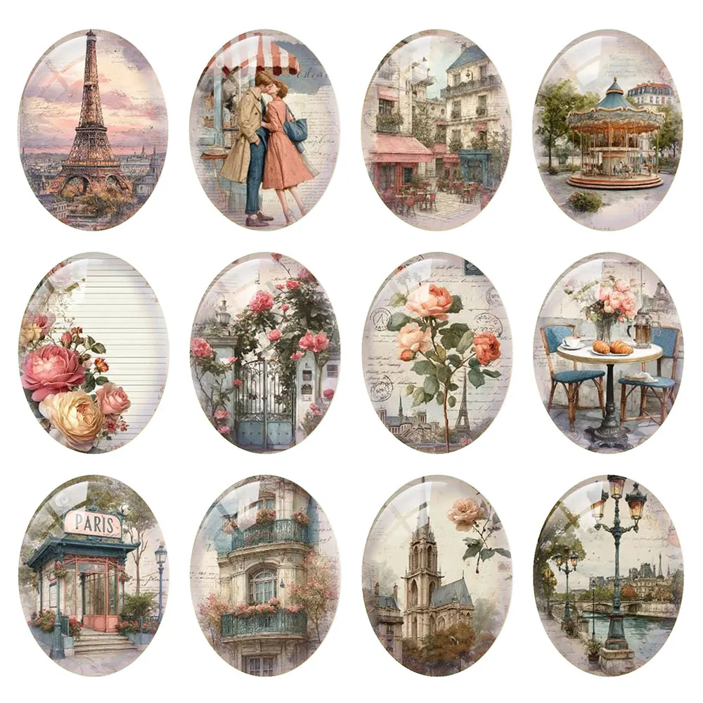 Random Mixed Round/Oval/Square Vintage Paris Travel Letter Rose Photo Glass Cabochon Flatback Demo Cameo For Diy Jewelry Making