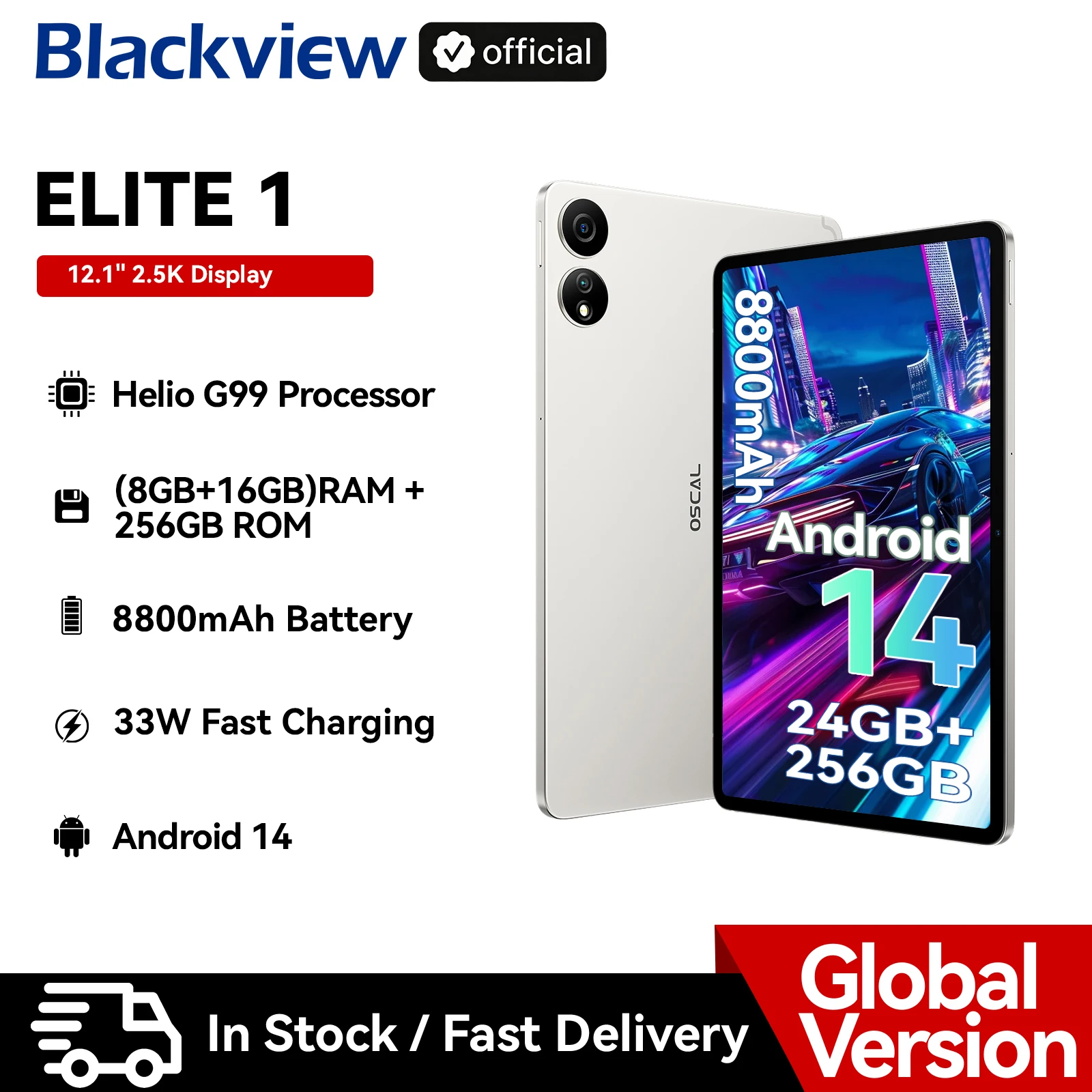 

OSCAL ELITE 1 Tablet Android 14, 12.1 inch 2.5K Display MTK Helio G99 8GB 256GB 8800mAh Battery 33W Fast Charging Android Tablet