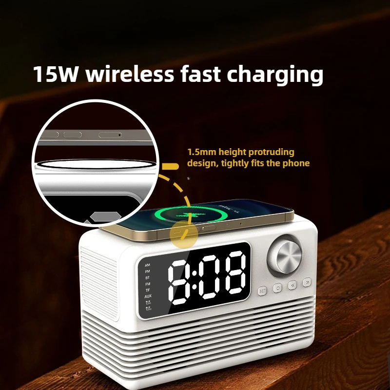 مكبر صوت بلوتوث BT509 مع شاحن لاسلكي لمكبرات صوت محطة شحن سريعة لهاتف iPhone مع راديو ساعة منبه لغرفة النوم المنزلية