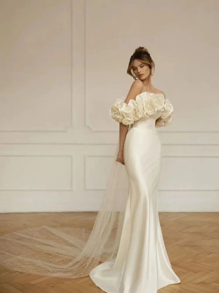 Off Shoulder FlowersWedding Dress 3 In 1 Satin Pearls Elegant Mermaid 2024  Bride Gown Princess OnZhu Custom Vestido de Noiva