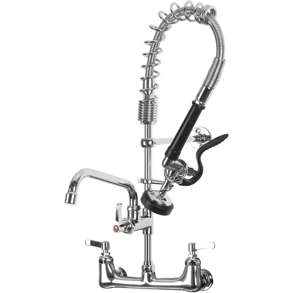 

25-Inch Tall Wall-Mounted Kitchen Sink Faucet with 8-Inch Centers and 12-Inch Pre-Rinse Sprayer