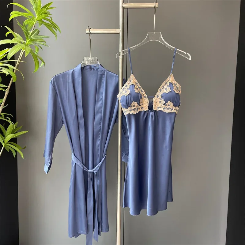 

Female Twinset Robe Set Home Clothese Sexy Suspender Nightgown Intimate Lingerie Spring Summer New Ice Silk Sleepwear Loungewear
