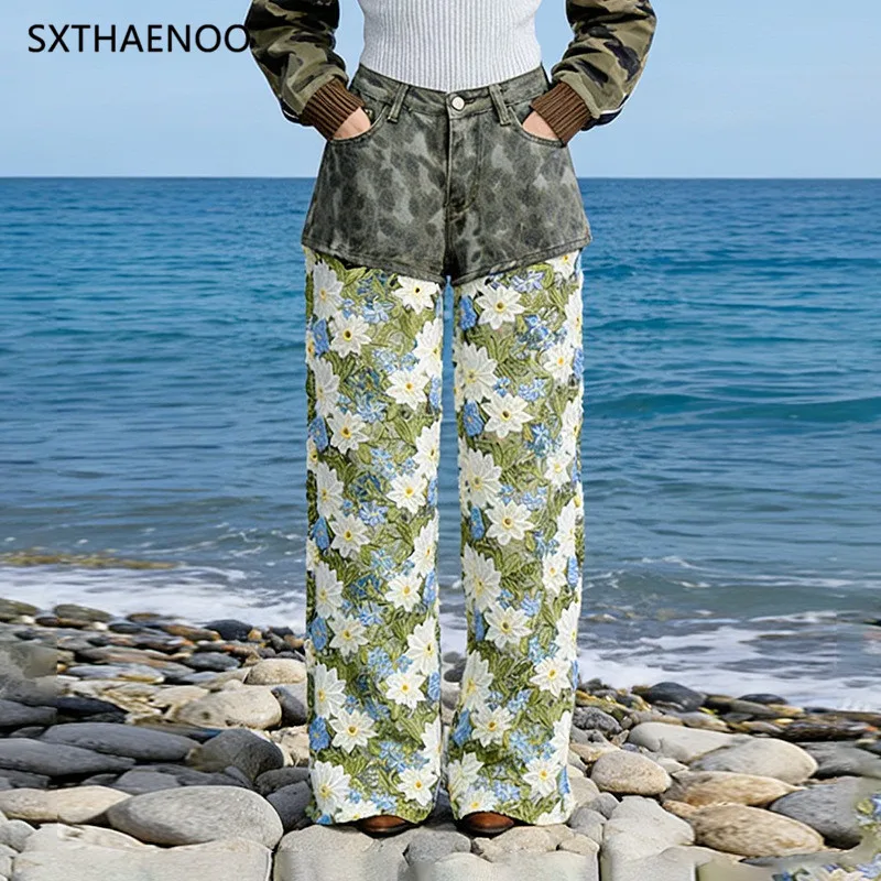 

SXTHAENOO 2026 New Style High Waist Straight Leg Pants Floral Lace Hollow out Splicing Fashion Versatile Denim Leopard Print