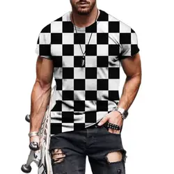 Korean Style T-Shirts For Men 3D Black&White Chequer Print Short Sleeve Tops Summer Fashion T Shirt Loose Tee Shirt Men Clothing