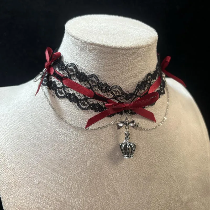 Gothic Lolita Ribbon Bow Black Lace Choker Necklace for Women Vintage Alloy Crown Pendant Victorian Grunge Aesthetic Jewelry