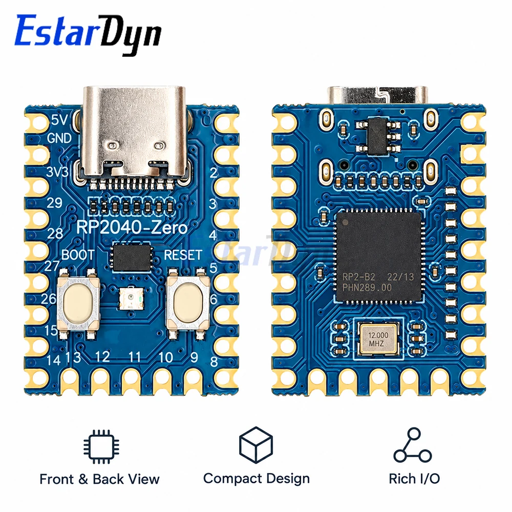 Estardyn RP2040-Zero USB-C Mini Dev Board Castellated RGB LED Dual-Core Cortex-M0+ 133MHz 2MB Flash Pico Compatible